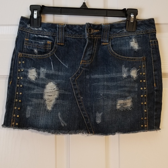 Hang Ten Raw Hem Distressed Mini Blue Jean Skirt  3 - Picture 2 of 7